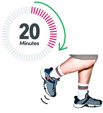 A timer showing 20 minutes beside someone wearing some trainers and running.
