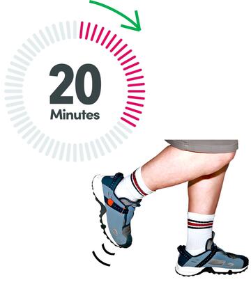 A timer showing 20 minutes beside someone wearing some trainers and running.