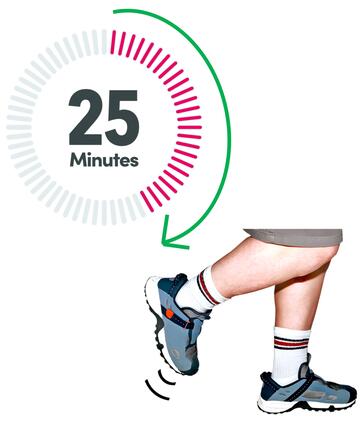 A timer showing 25 minutes beside someone wearing some trainers and running.