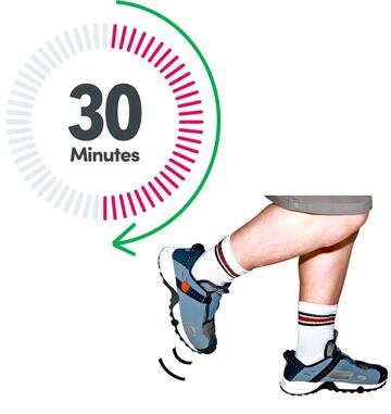 A timer showing 30 minutes beside someone wearing some trainers and running.