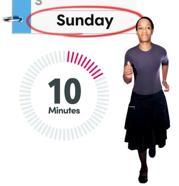 A diary with the word Sunday circled, a timer showing 10 minutes and a woman running.