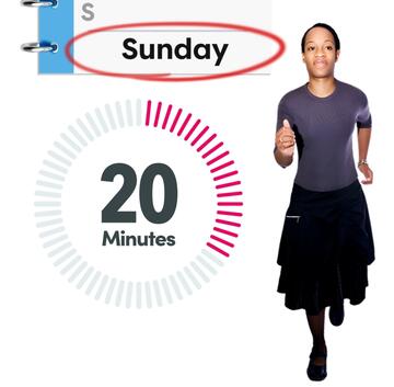 A diary with the word Sunday circled, a timer showing 20 minutes and a woman running.