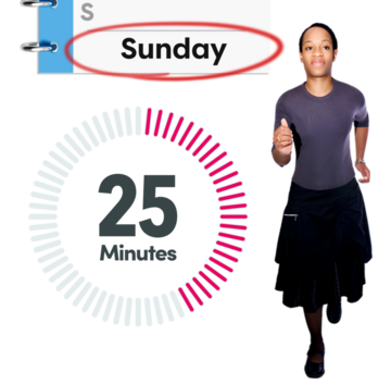 A diary with the word Sunday circled, a timer showing 25 minutes and a woman running.