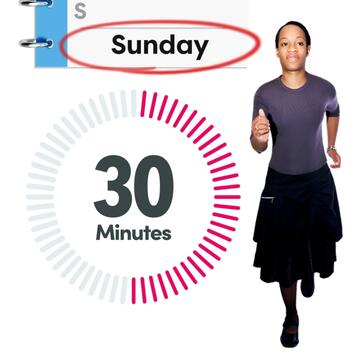A diary with the word Sunday circled, a timer showing 30 minutes and a woman running.