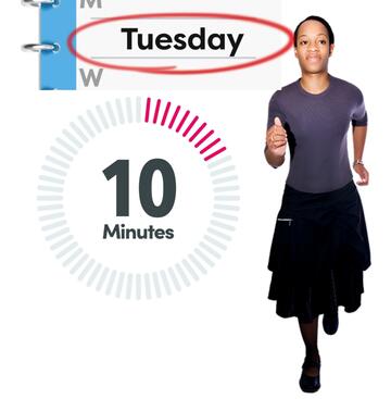 A diary with the word Tuesday circled, a timer showing 10 minutes and a woman running.