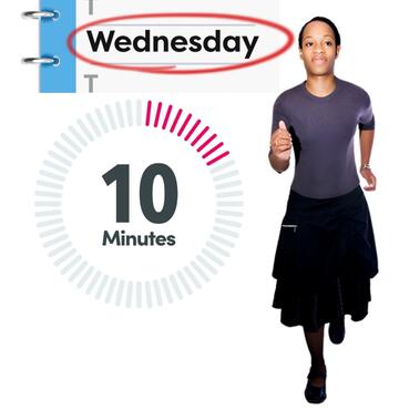 A diary with the word Wednesday circled, a timer showing 10 minutes and a woman running.