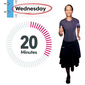 A diary with the word Wednesday circled, a timer showing 20 minutes and a woman running.