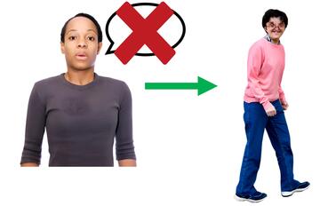 A speech bubble with a cross through it beside a woman and an arrow pointing to a man walking.