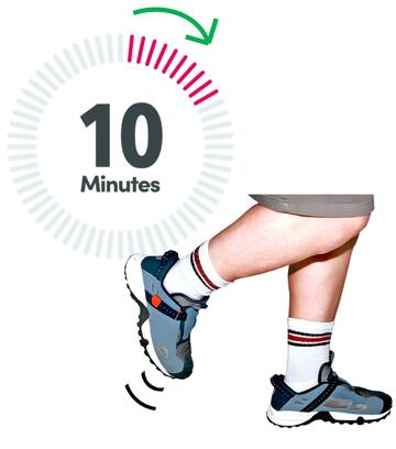 The legs of a person with trainers on and one foot lifted running with a timer showing 10 minutes and an arrow pointing towards the 10.