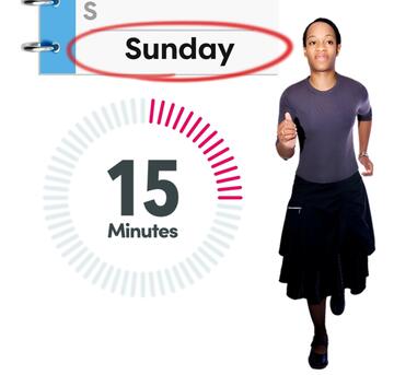 A diary with the word Sunday circled, a timer showing 15 minutes and a woman running..