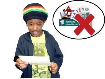A man reading a letter.  Beside him is a circle.  In the circle are the words employment and support allowance and a cross through some money.