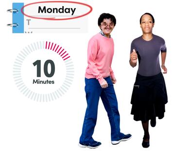 A diary with the word Monday circled, a timer showing 10 minutes, a man walking and a woman running.