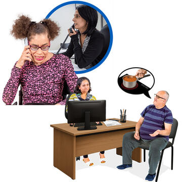 Two women on phone calls; one in a floral top smiling, the other in the background focused next to A man and a woman in an office setting with a thought bubble showing a saucepan.