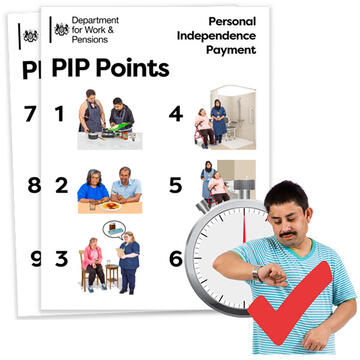 Department for Work & Pensions PIP Points cover page with six images illustrating daily activities next to a Man checking his wristwatch with a stopwatch and a red checkmark in the background.