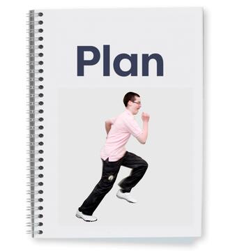 A booklet with the word plan on the cover and a picture of a boy running.