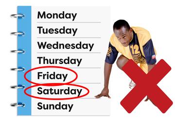 A diary with a circle around Friday.  Beside the diary is a man in running gear crouching down and a red cross beside him. 