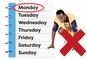 A diary with a circle around Monday.  Beside the diary is a man in running gear crouching down and a red cross beside him. 