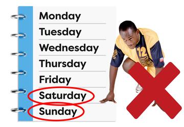 A diary page with circles around Saturday and Sunday. Beside the diary is a man crouching in running gear and a red cross beside him.