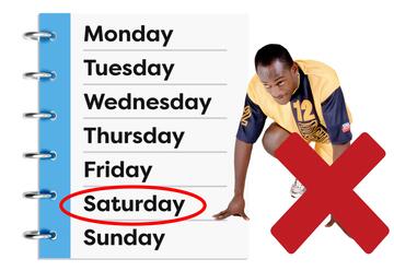 A diary with a circle around Friday.  Beside the diary is a man in running gear crouching down and a red cross beside him. 