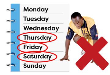 A diary with circles around Thursday, Friday and Saturday.  Beside the diary is a man in running gear crouching down and a red cross beside him. 