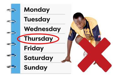 A diary with a circle around Thursday.  Beside the diary is a man in running gear crouching down and a red cross beside him. 