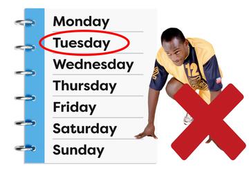 A diary page with a circle around Tuesday. Beside the diary is a man crouching in running gear and a red cross beside him.