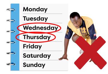 A diary with circles around Wednesday and Thursday.  Beside the diary is a man in running gear crouching down and a red cross beside him. 