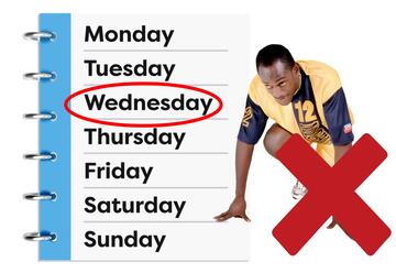 A diary with a circle around Wednesday.  Beside the diary is a man in running gear crouching down and a red cross beside him. 