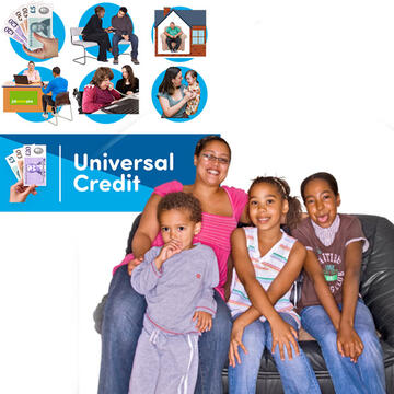 A woman with three children on a sofa with a graphic showing Universal Credit behind them