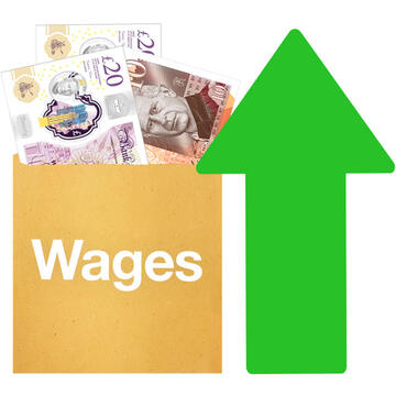An envelope with money sticking out with the word wages written on it, next to a green arrow pointing up.