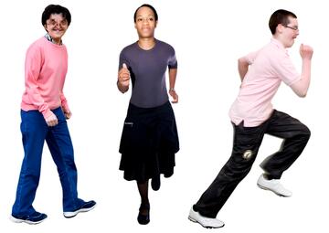 A man walking, a woman jogging and a man running.
