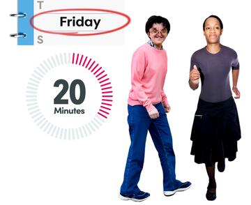 A diary with the word Friday circled, a timer showing 20 minutes, a man walking and a woman running.