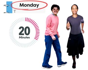 A diary with the word Monday circled, a timer showing 20 minutes, a man walking and a woman running.