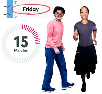 A diary with the word Friday circled, a timer showing 15 minutes, a man walking and a woman running.
