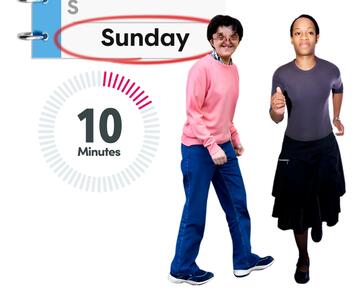 A diary with a circle around Sunday and a timer showing 10 minutes. Beside it is a man walking and a woman running.