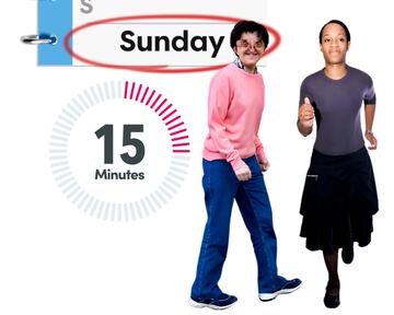 A diary with the word Sunday circled, a timer showing 15 minutes, a man walking and a woman running.
