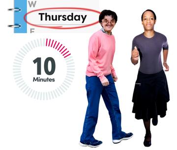 A diary with the word Thursday circled, a timer showing 10 minutes, a man walking and a woman running.