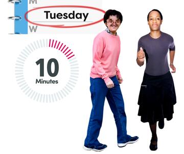 A diary with the word Tuesday circled, a timer showing 10 minutes, a man walking and a woman running.