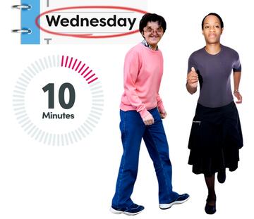 A diary page with a circle around Wednesday.  Below it is a timer showing 10 minutes. Beside it is a man walking and a woman running.