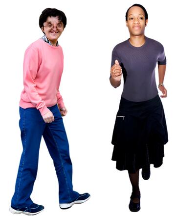 A man walking and a woman running.