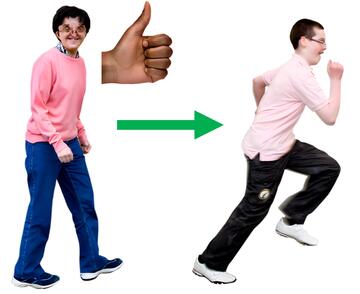A man walking with a thumb up beside him and an arrow pointing to a boy running.