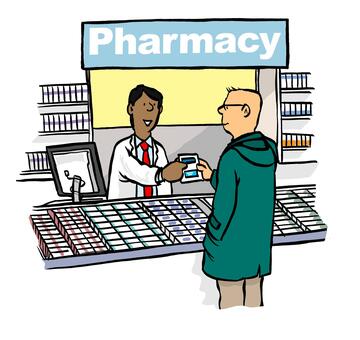 A drawing of a pharmacist handing a man something over the counter