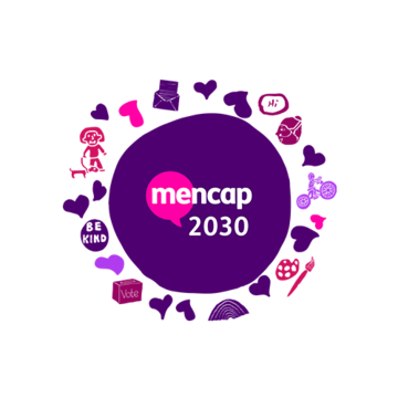 A drawing of a circle surrounded by lots of small drawings. Inside the circle it says Mencap 2030