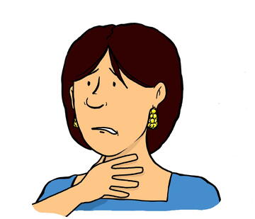 A drawing of a woman holding her hand to her throat