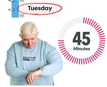 A diary page with the word Tuesday circled, a woman looking at her watch and a timer showing 45 minutes.
