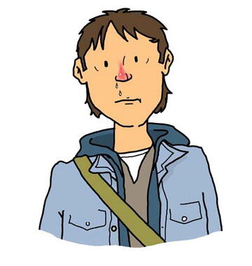 A drawing of a man with dripping red nose