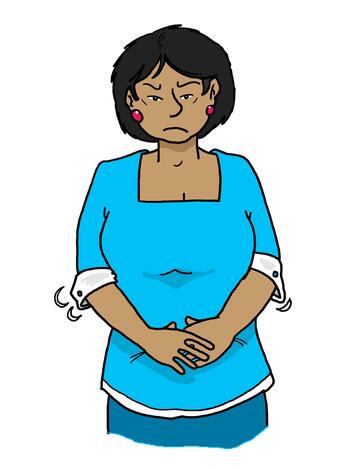A drawing of a woman with a rash holding her stomach