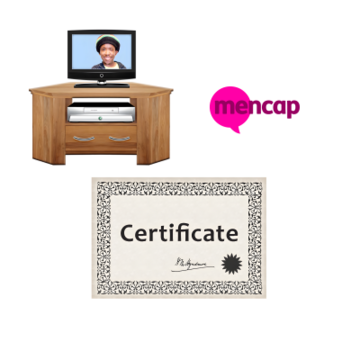 A TV, a certificate and the Mencap logo