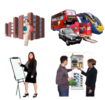 A drawing of someone going to college, a picture of different types of transport like a bus, train and taxi, a picture of someone using a flip chart and a picture of two people choosing a house from a choice of two houses on a poster