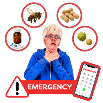 A woman with a red face clutching her throat. Around her are pictures of tablets, a bee, nuts and pollen spores. Underneath the image is the word Emergency and a mobile telephone